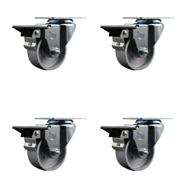 Service Caster 3'' Semi Steel Wheel Swivel Top Plate Caster Set with Posi Brake, 4PK SCC-20S314-SSS-PLB-4 - main
